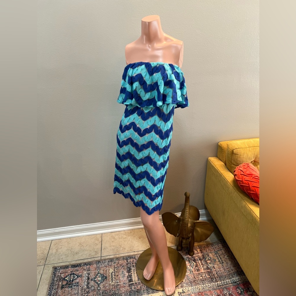 VINTAGE JudithMarch crochet summer blue strapless ruffle top dress